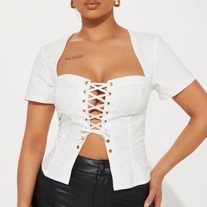 NWT White Lace Up Square Neckline Top
